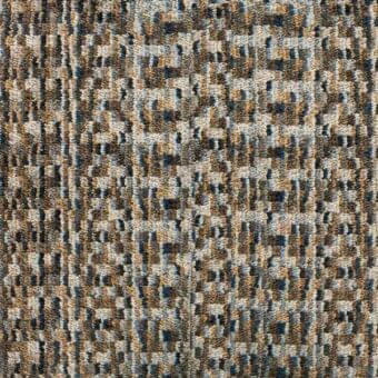Moiré fabric sample, beige, brown, and blue tones, dense irregular weave with raised texture and non-repeating pattern.